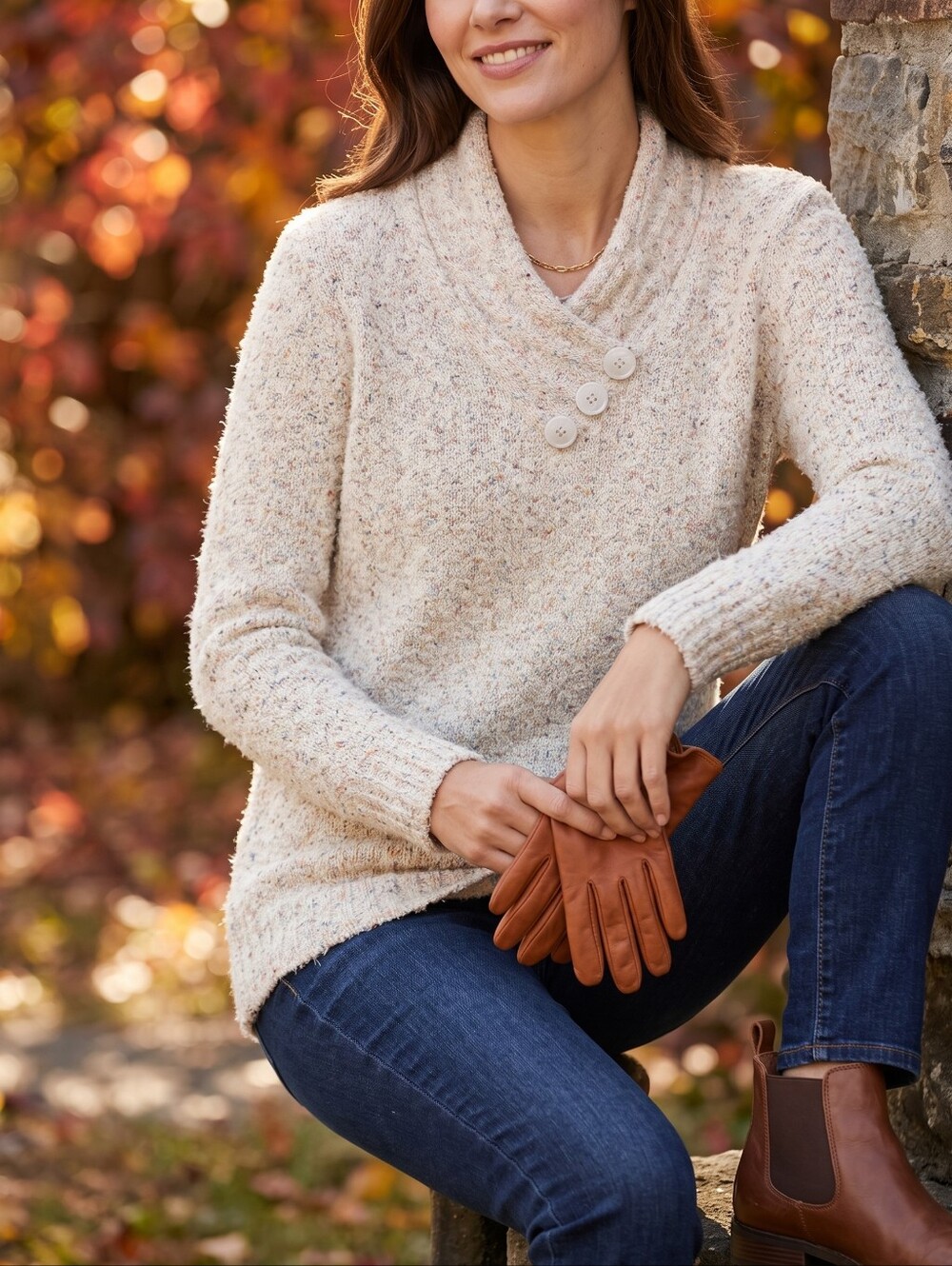 Papa Vancouver Confetti Boucle Knit Button Shawl Collar Sweater Hygge Cozy